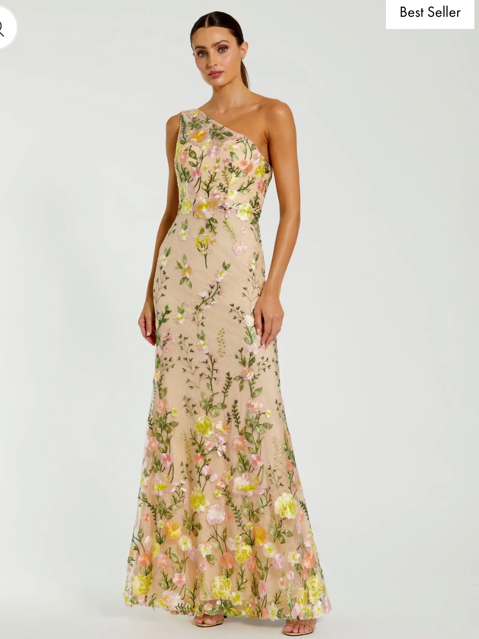 Nwot Mac Duggal Floral Embroidered One Shoulder Gown